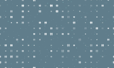 Seamless background pattern of evenly spaced white man with man symbols of different sizes and opacity. Vector illustration on blue grey background with stars