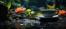 Rainy Seasons Nature With Waterfalls Forests Colorful Rocks Flowers Leaves Perfect For Coffee Breaks