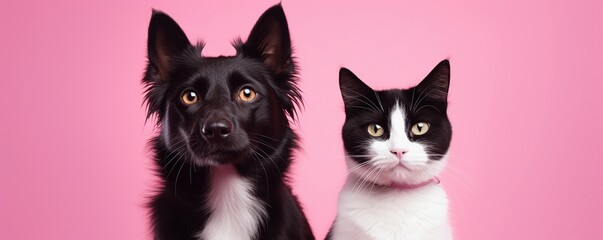 Black and white cat and dog sitting together on pink background. Banner with pets.