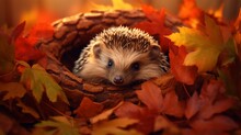 A Hedgehog Curled Up Into A Ball Among A Bed Of Autumn Leaves.