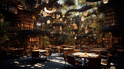 A library caf?(C), unlike any traditional setting, where the furniture rearranges itself and menus are projected into the air.