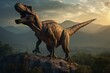 Tyrannosaurus rex stands on mountainous rock. Generative AI