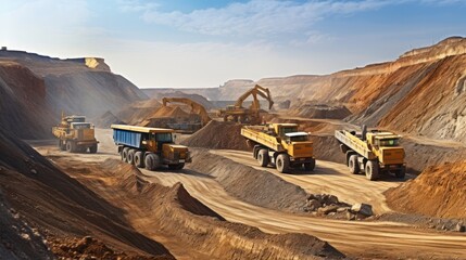 Wall Mural - Mine industry, excavator and truck for coal quarry, Large quarry dump truck. Big yellow mining truck Open pit at work site.