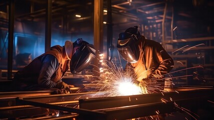 Wall Mural - Two Metal welder working with arc welding at Industrial workshop