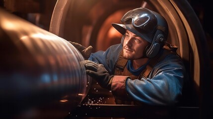 Wall Mural - Metal welder working with arc welding steel pipe at workshop, Industrial worker is welding steel products, sparks fly