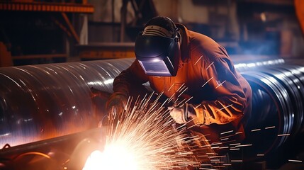 Wall Mural - Metal welder working with arc welding steel pipe at workshop, Industrial worker is welding steel products, sparks fly