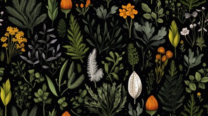 Sticker -  a bunch of different types of plants and flowers on a black background with orange and white flowers and green leaves.  generative ai