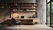 A minimalist office, austere yet practical, furnished with a singular wooden desk, and a modern laptop, and one iconic designer chair.