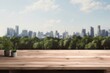 Wood table top on blur modern city background. For montage product display or design key visual layout background.