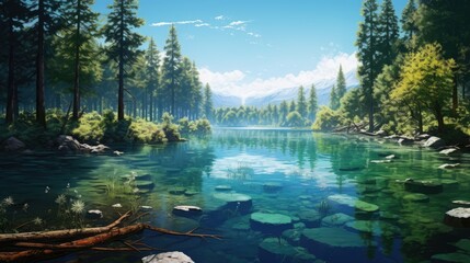 Sticker -  a painting of a lake surrounded by trees and rocks in the middle of a forest with a mountain range in the distance.  generative ai