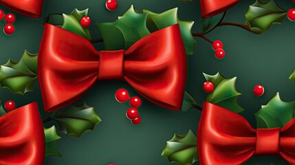 Wall Mural -  a green background with a red bow, holly leaves, and a red bow with green leaves and red berries.  generative ai