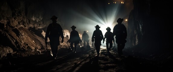 Mining working. Silhouette of Miners entering underground coal mine night lighting