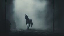  A Horse Standing In The Middle Of A Foggy Forest In The Middle Of A Dark, Foggy Forest.  Generative Ai