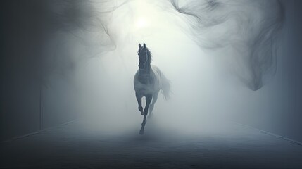 Sticker -  a horse running through a foggy area with its rear legs in the air and its rear legs in the air.  generative ai