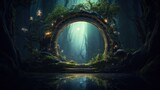 Fototapeta Las - 	
Dark mysterious forest with a magical magic mirror, a portal to another world. Night fantasy forest. 3D illustration