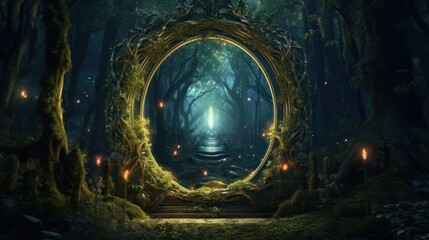 Wall Mural - 	
Dark mysterious forest with a magical magic mirror, a portal to another world. Night fantasy forest. 3D illustration