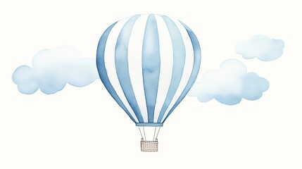 Wall Mural -  a blue and white striped hot air balloon flying in the sky with a cloud filled sky in the back ground.  generative ai