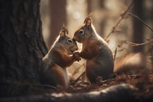 Squirrels In The Autumn Forest. Squirrels In Autumn Forest. Squirrel Couple. Generative AI.