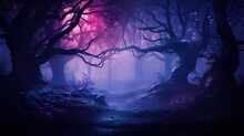 Night Magical Fantasy Forest. Forest Landscape, Neon, Magical Lights In The Forest. Fairy-tale Atmosphere, Fog In The Forest, Silhouettes Of Trees