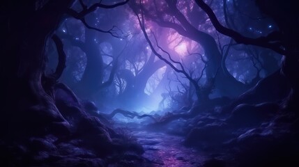 Wall Mural - Night magical fantasy forest. Forest landscape, neon, magical lights in the forest. Fairy-tale atmosphere, fog in the forest, silhouettes of trees