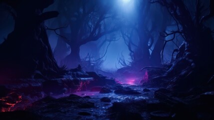 Wall Mural - Night magical fantasy forest. Forest landscape, neon, magical lights in the forest. Fairy-tale atmosphere, fog in the forest, silhouettes of trees