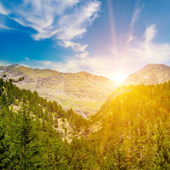 Sticker - Picturesque mountain landscape and sunrise. Summer, bright sunny day in the Pyrenees.