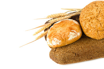 Bread, baguettes and sweet pastries on a white backgroun.