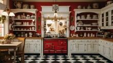 A Traditional Kitchen With Checkerboard Floors, An Antique Stove, And White Ceramic Dishes Neatly Arranged On Wall-mounted Shelves.