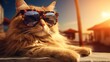 Portrait of fashion Cat wearing sunglasses in summer beach. AI generated image