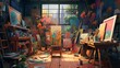 A vibrant artist's studio cluttered with paint-splattered easels, art supplies, and a multitude of canvases.