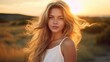 Portrait of blond teenager wearing a white dress in summer field. AI generated image