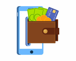 Wall Mural - Money transfer with digital wallet Mobile phone with banking app purse with cash coin credit card