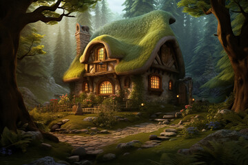 Wooden house from fairy tales in the forest, generated by AI