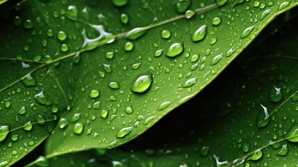 Poster -  a close up of a green leaf with drops of water on it and a green leaf with green leaves in the background.  generative ai