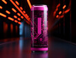 Energy drink mockup product displayed infront futuristic high energy background. Vaporwave color palette, Generative AI