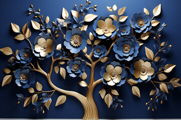Wall Mural - Golden tree with blue and beige flowers on a blue background,ai generated