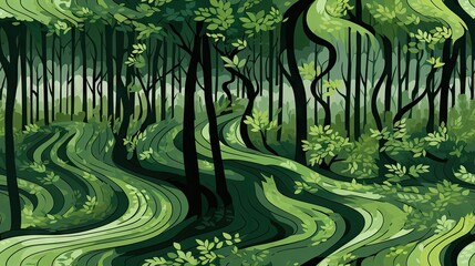 Poster -  a painting of a green forest with trees and a stream of water running through the center of the image is a digital painting.  generative ai