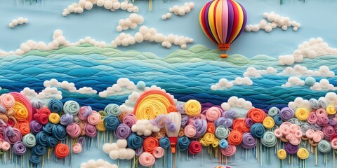 Feutrage abstrait broderie pour enfants imprimé ballons colorés aéronautes dans un paysage de couleurs vives, ciel bleu sur fond de nuages mignons dégradés. IA générative, IA