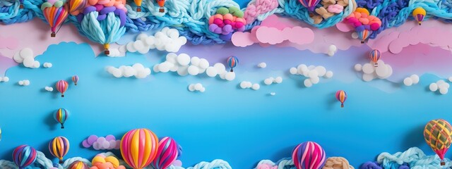 Feutrage abstrait broderie pour enfants imprimé ballons colorés aéronautes dans un paysage de couleurs vives, ciel bleu sur fond de nuages mignons dégradés. IA générative, IA