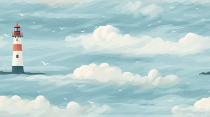 Wall Mural - a painting of a lighthouse in the middle of the ocean with seagulls in the sky and clouds in the bac
