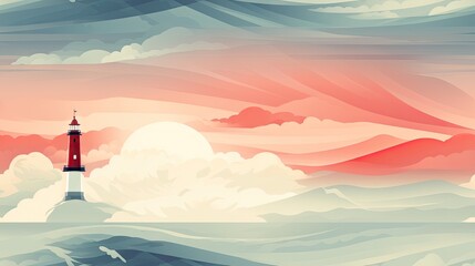 Wall Mural - a painting of a lighthouse in the middle of a large body of water with a red sky in the background. 