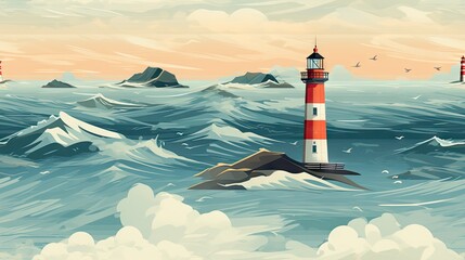 Sticker -  a painting of a lighthouse in the middle of a large body of water with birds flying over the top of it.  generative ai