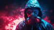 Portrait dramatic man wearing gas mask on a dark background. AI generated image
