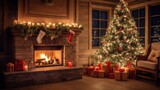 Fototapeta Tęcza - Decorated Christmas Tree Near Fireplace at Home