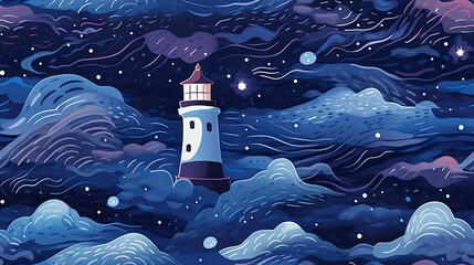 Poster -  a painting of a light house in the middle of the night with clouds and stars in the sky above it.  generative ai