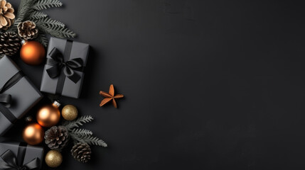  Gift boxes with christmas decorations on a dark background. Top view. Flat lay.