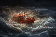 Intense Sea Rescue During A Storm, With A Red Lifebuoy Floating. Rescuers Honor The Missing People With Flowers. Generative AI