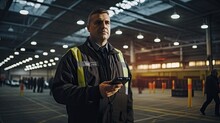 Male Security Guard Using A Portable Radio Transmitter While Performing A Real Task