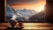  a cup and saucer on a wooden table in front of a window with a view of a mountain range.  generative ai