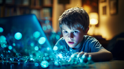 Child engrossed in blue computer screen, showing future potential.